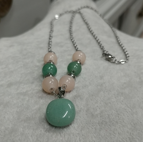 Aventurine Necklace Natural Gemstone Pendant Beads Stainless-Steel Green & Peach - Picture 11 of 17